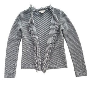 Loft Women XS Gray Cream Texture Woven Tweed Fringe Open Cardigan Sweater 436466